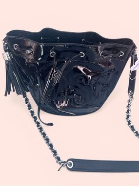 Moschino Black Patent Leather Drawstring Shoulder Bag with Chain Strap